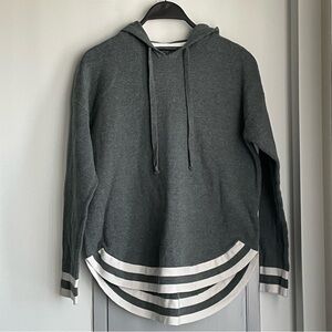 RACHEL ZOE Green and Cream Cotton Blend Hooded Sweater with Striped Hem